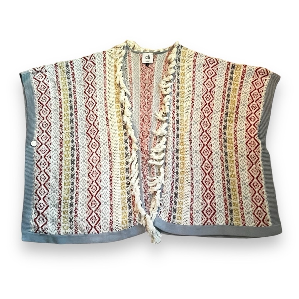 CABI Siesta Poncho Striped Textured Knit Fringe Boho Medium/Large Artsy Cotton - Picture 2 of 11